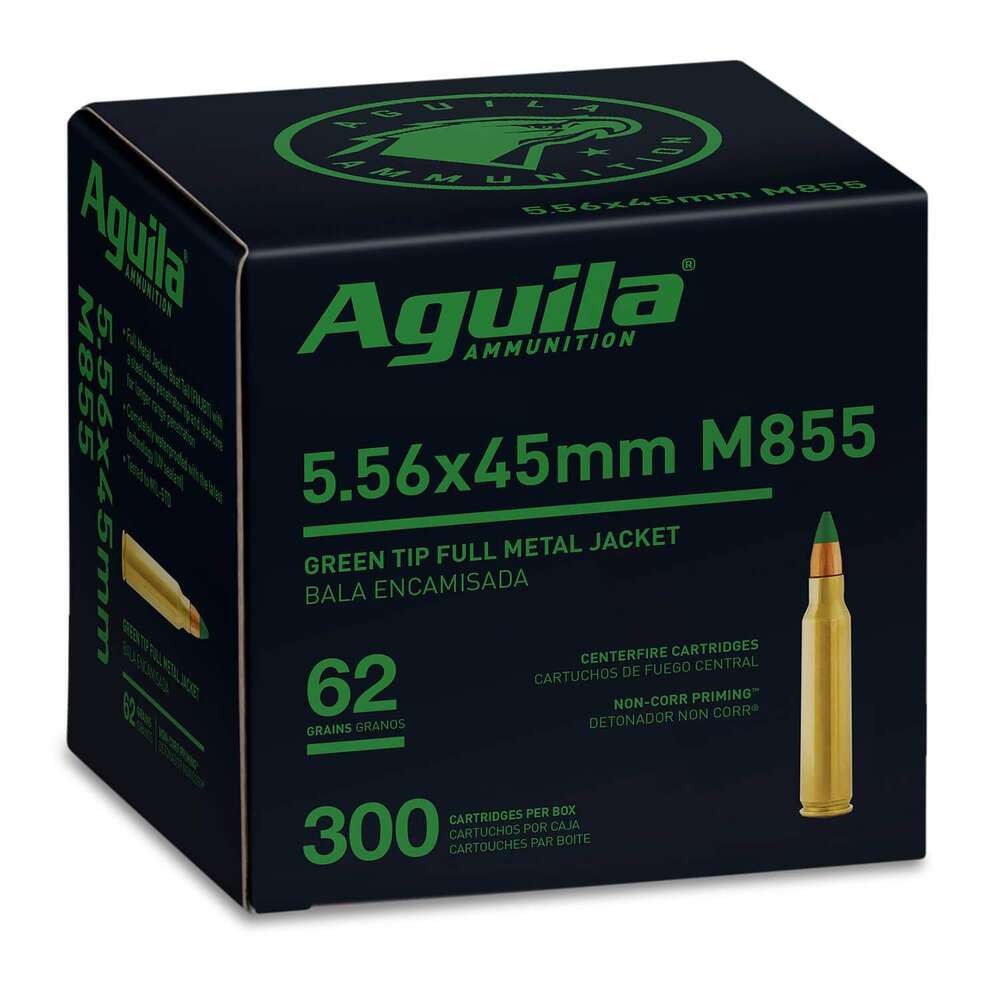 Ammunition Aguila Ammunition 1298 ft lbs 223Rem|5.56NATO AGUILA 1E556125      5.56 GRN TIP M855       300/4 • Model: 1298 ft lbs